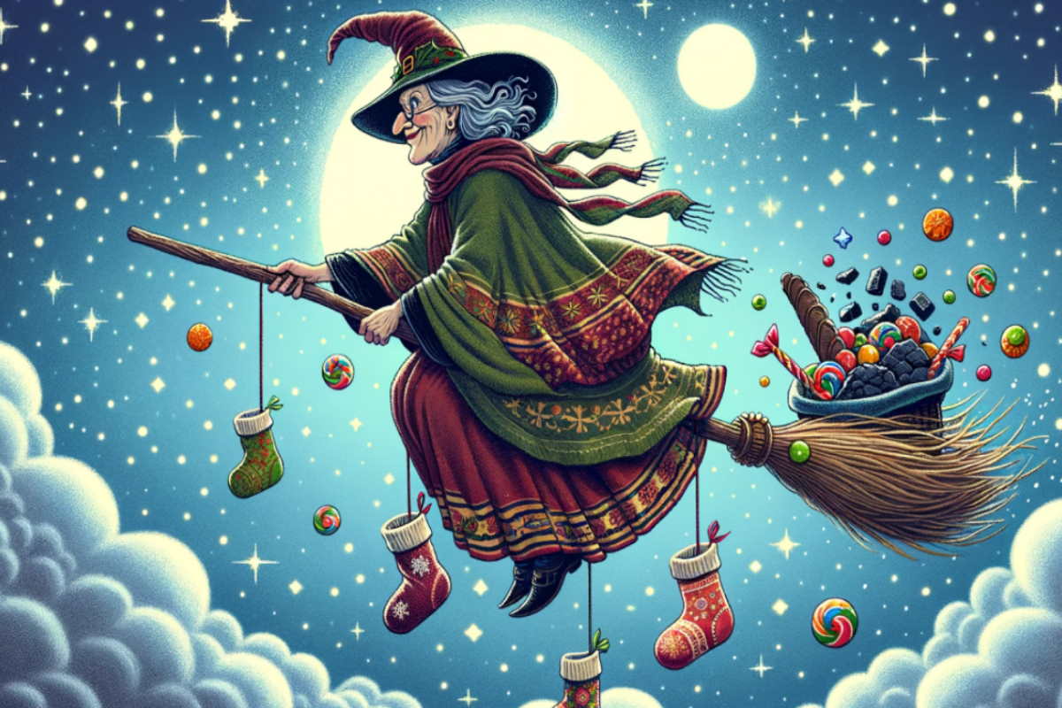 immagine della befana a cavallo della scopa carica di dolciumi