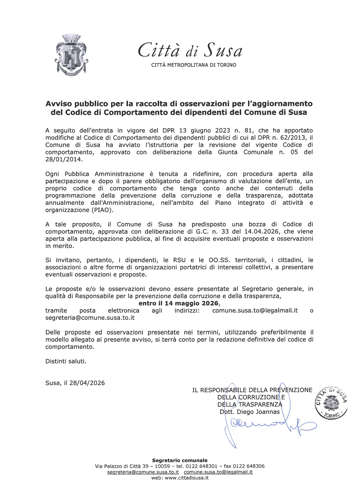 Avviso pubblico per la raccolta di osservazioni per l’aggiornamento del Codice di Comportamento dei dipendenti del Comune di Susa