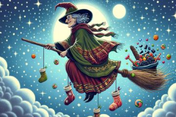 immagine della befana a cavallo della scopa carica di dolciumi