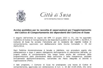 Avviso pubblico per la raccolta di osservazioni per l’aggiornamento del Codice di Comportamento dei dipendenti del Comune di Susa