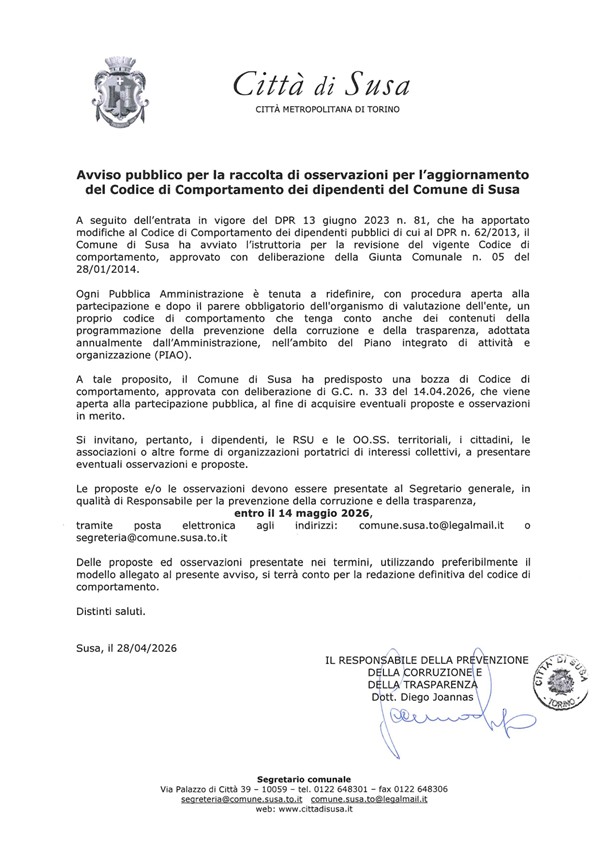 Avviso pubblico per la raccolta di osservazioni per l’aggiornamento del Codice di Comportamento dei dipendenti del Comune di Susa